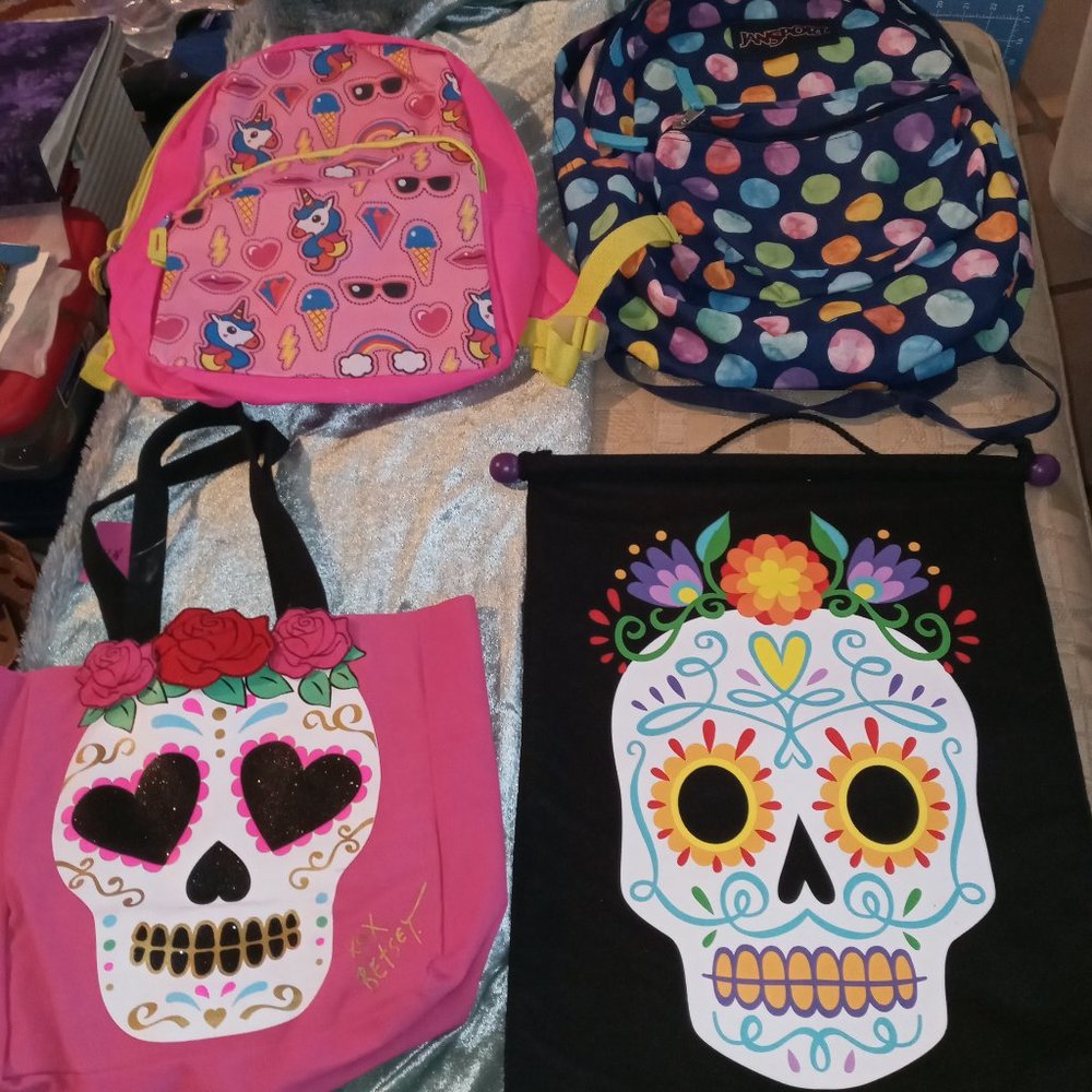 Two all NEW backpacks, including sugar skull backpack, banner and shoulder bag